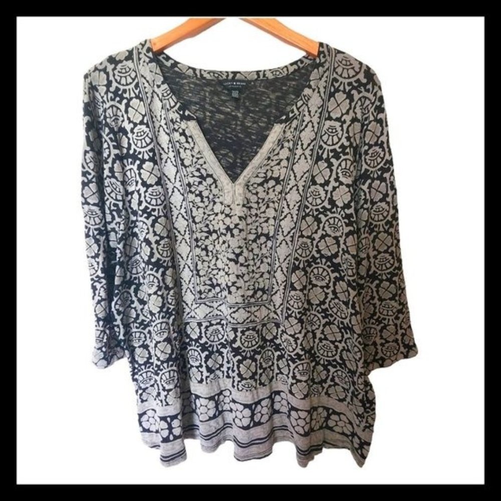 Lucky Brand‎ Black Taupe Floral Print 3/4 Sleeve Knit Top Womens 2X